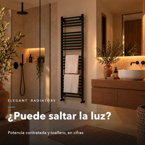 Toallero eléctrico negro en un baño cálido — ¿puede saltar la luz por el toallero?