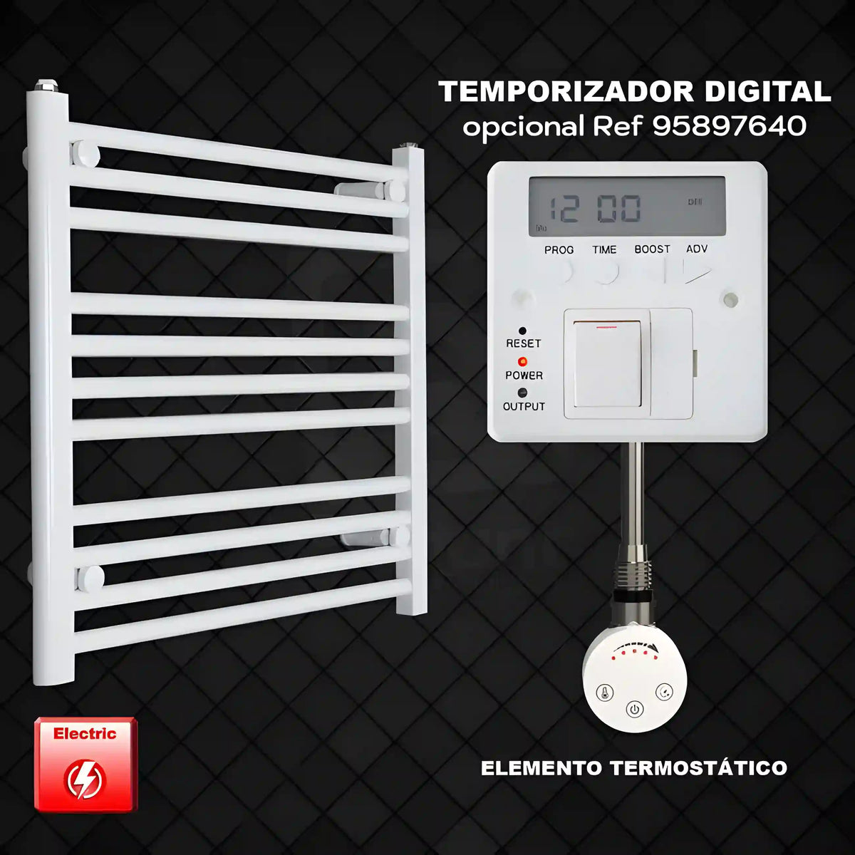 Radiador toallero eléctrico blanco 70x60 cm precargado con temporizador digital